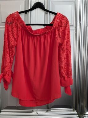 Women’s Off-Shoulder Red Crochet Sleeve Blouse